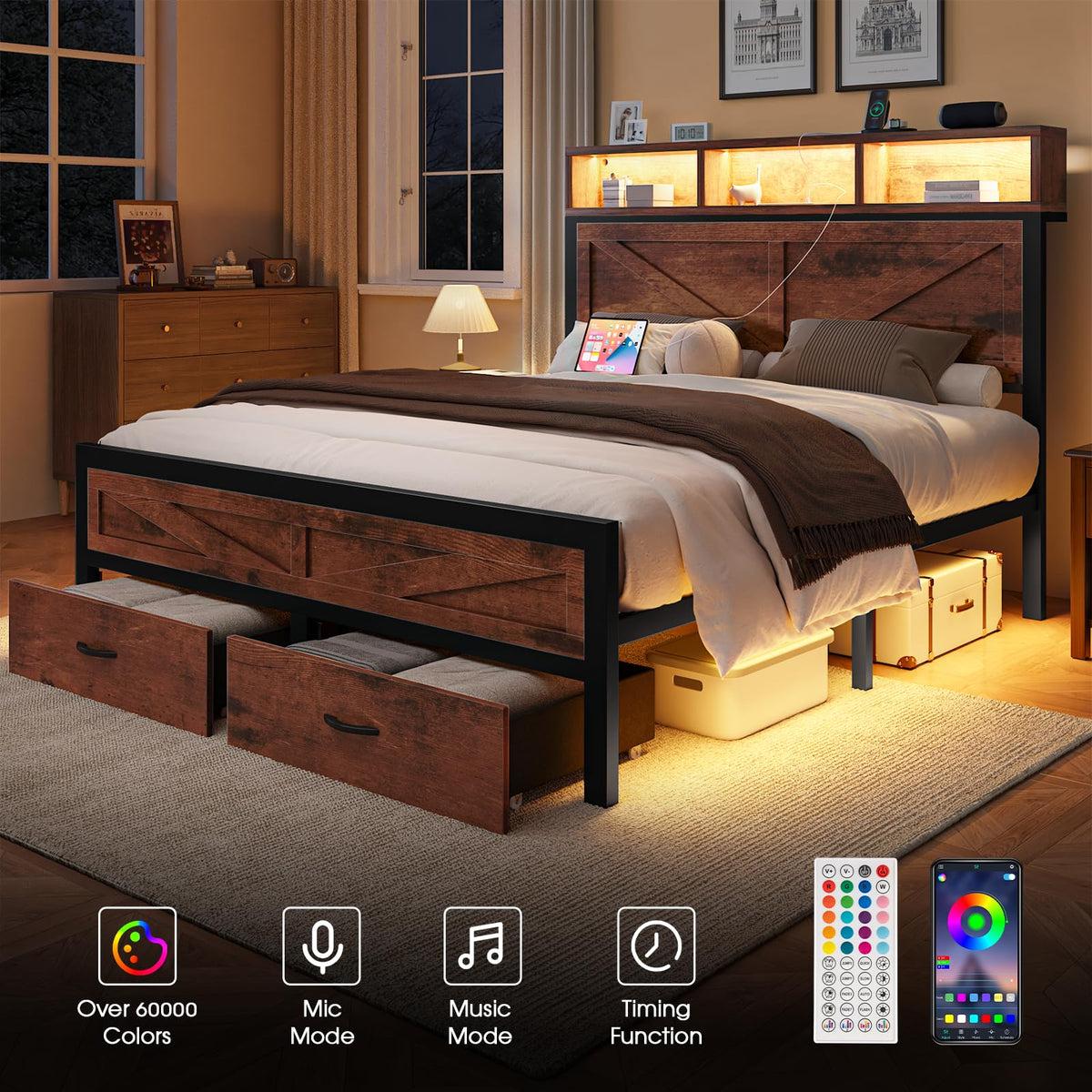 King Size Bed Frame with Storage Drawers and Charging Station I5686