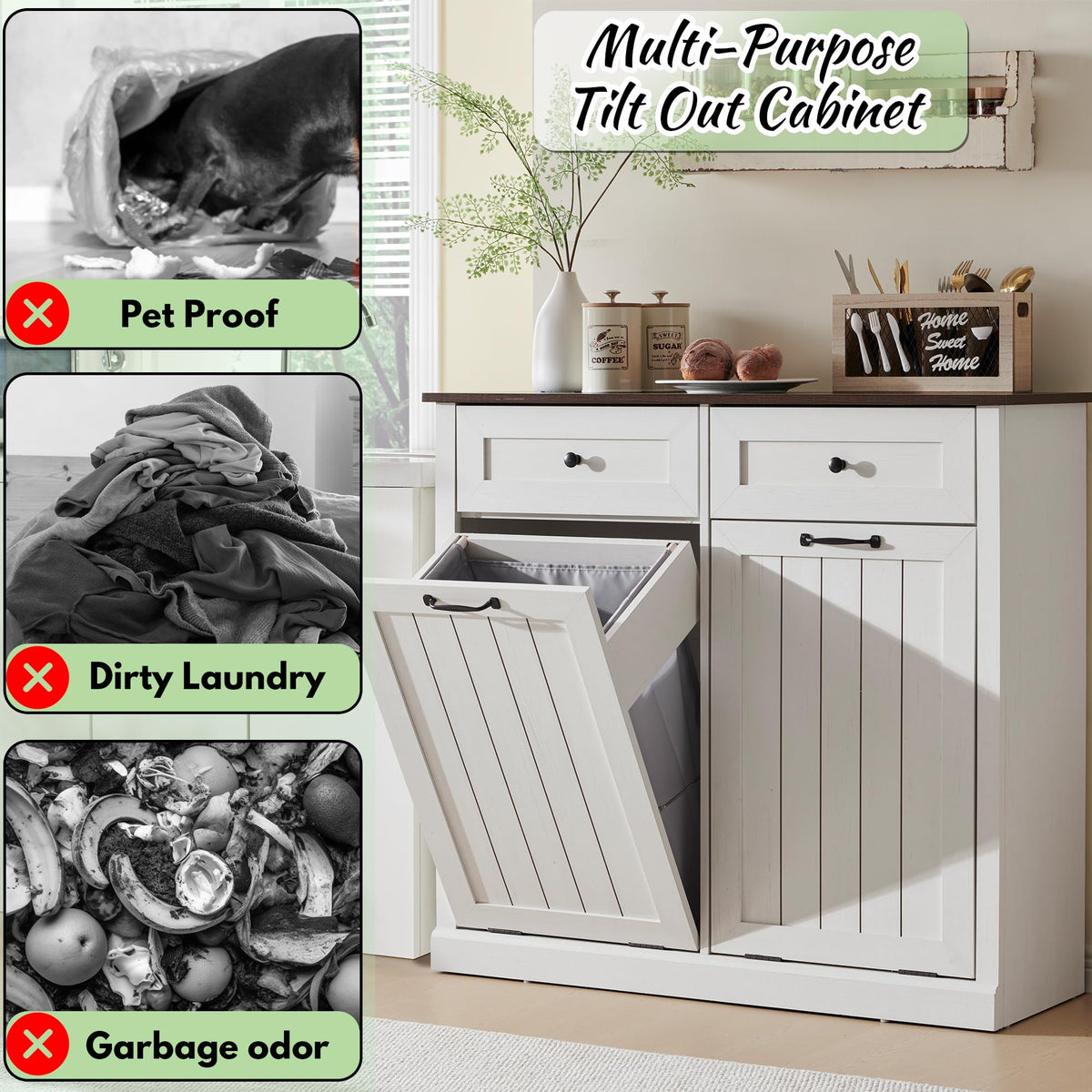 Double Tilt Out Laundry Hamper Cabinet Antique White I7477