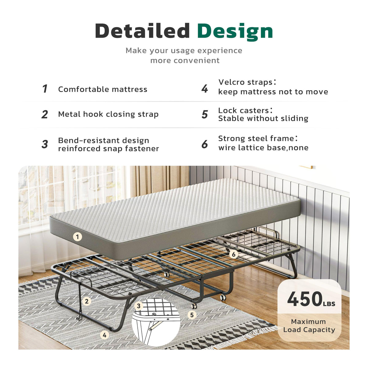 Folding Bed with Mattress Metal Frame Cot Size Q295