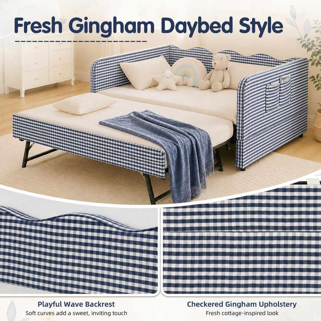 Blue Gingham Twin Daybed with Pop Up Trundle L189