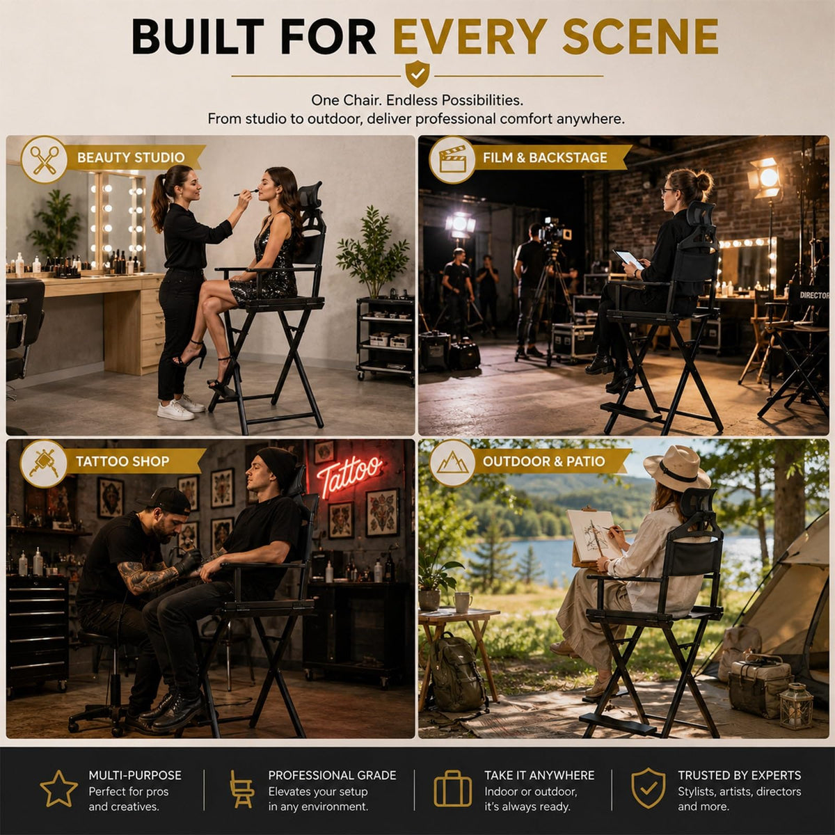 Gold Portable Collapsible Tall Makeup Artist Chair with Head Rest P7112