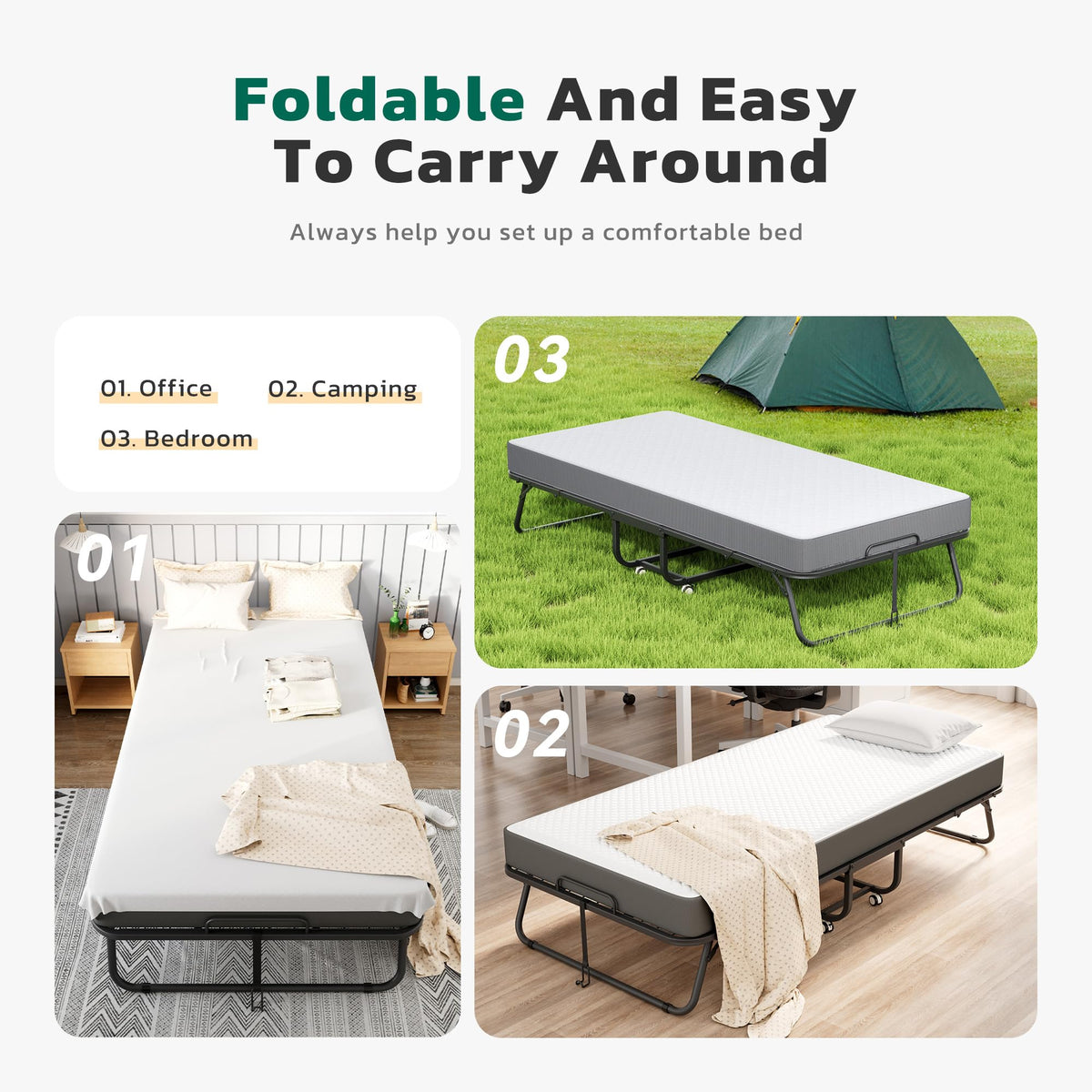Folding Bed with Mattress Metal Frame Cot Size Q295