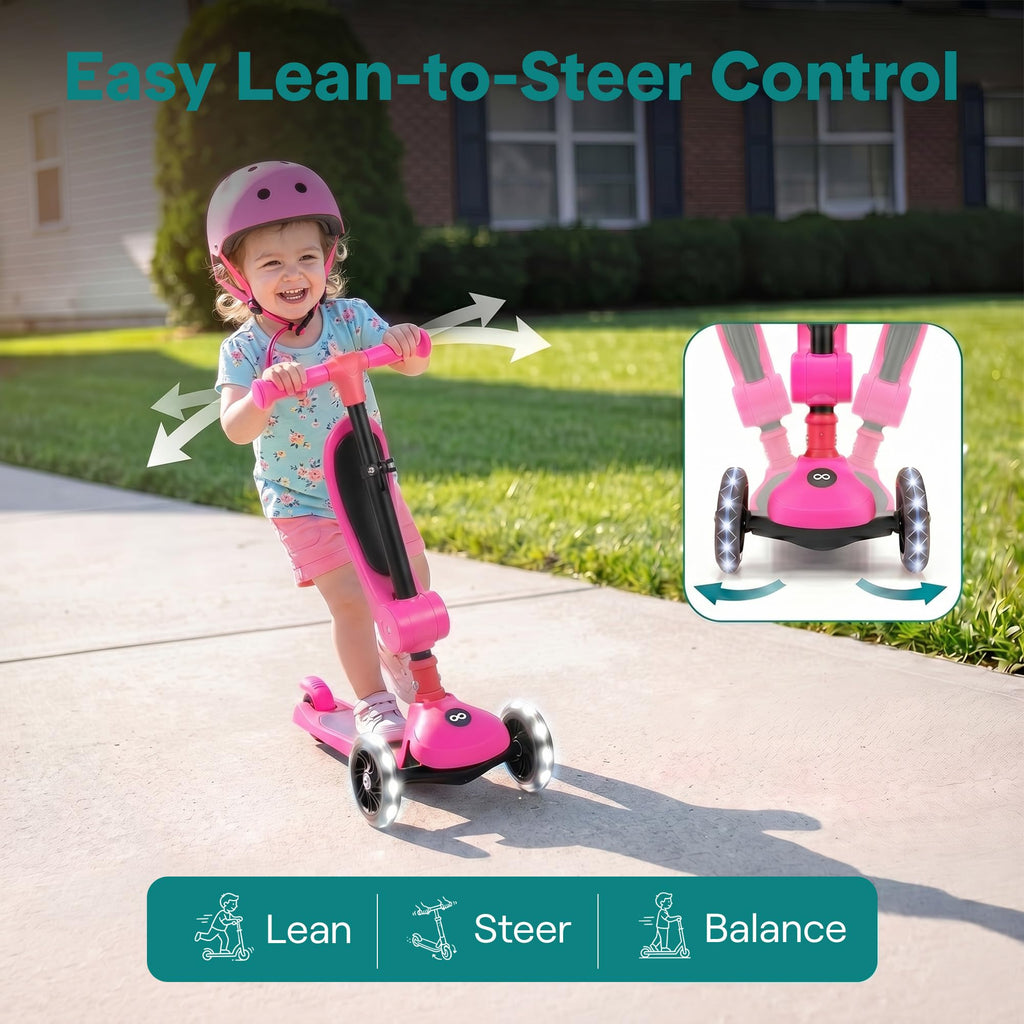 3 Wheel Scooter for Toddlers & Kids, Foldable Seat, LED Wheels, Adjustable Handlebar, Anti-Slip Deck, Rear Foot Brake, Lean-to-Steer, Pink Y977