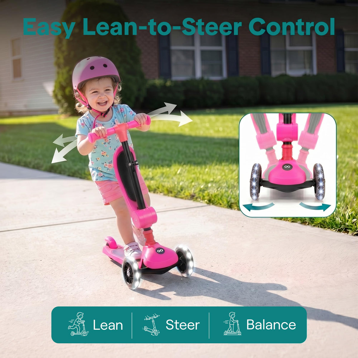 3 Wheel Scooter for Toddlers & Kids, Foldable Seat, LED Wheels, Adjustable Handlebar, Anti-Slip Deck, Rear Foot Brake, Lean-to-Steer, Pink Y977