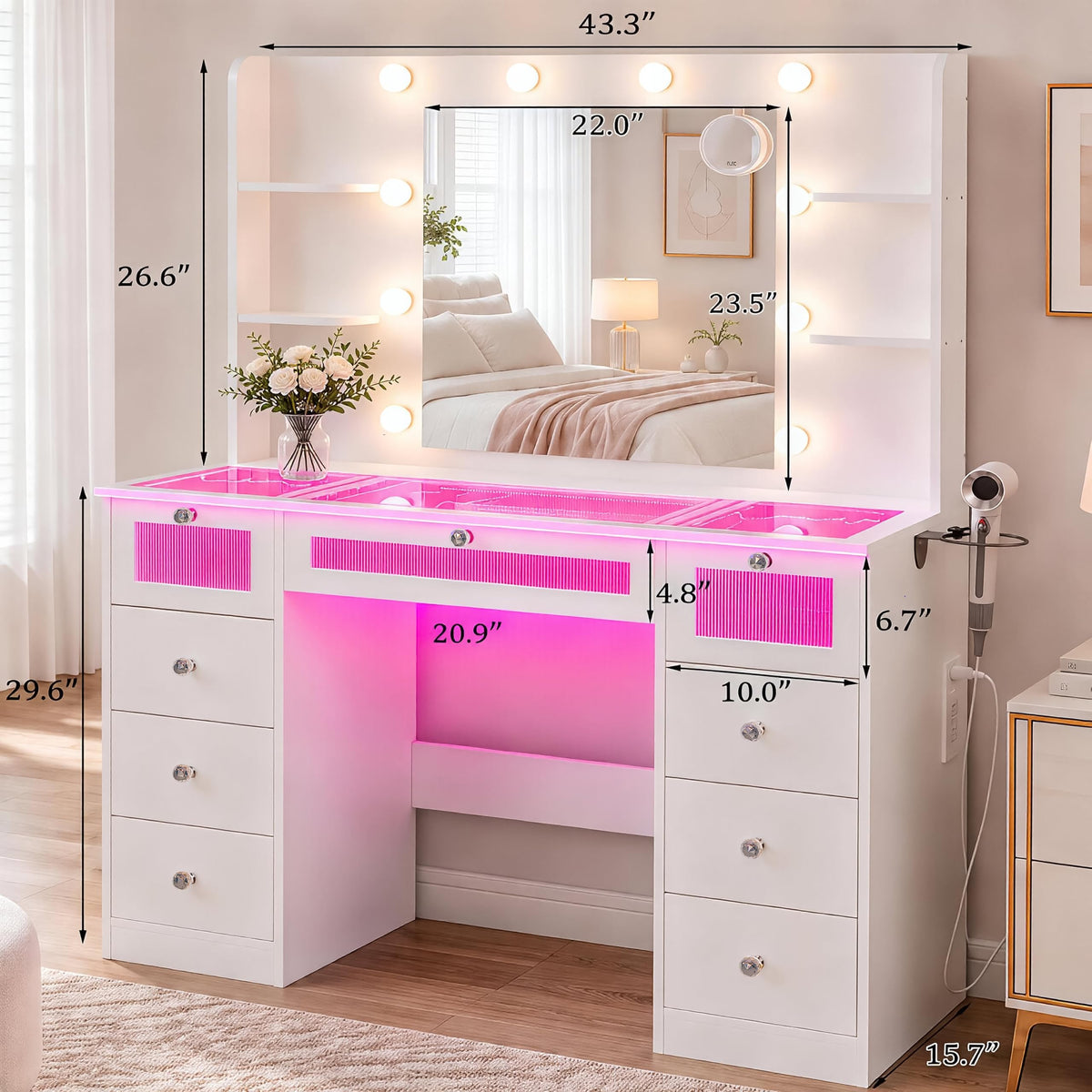 White Vanity with Lighted Mirror and Glass Top N28115