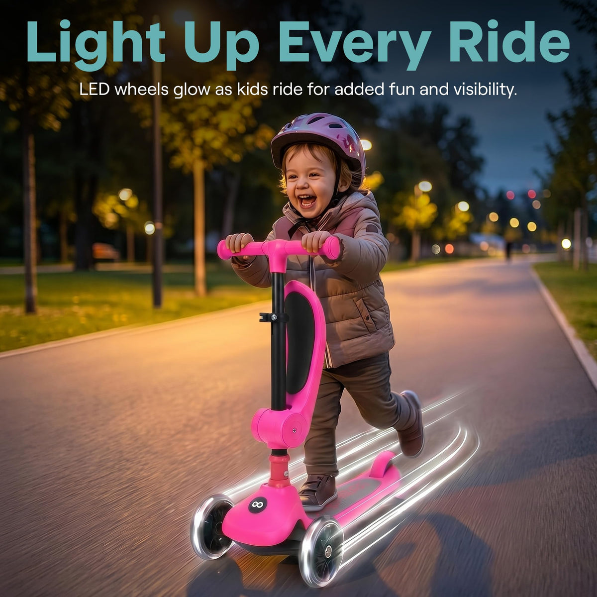 3 Wheel Scooter for Toddlers & Kids, Foldable Seat, LED Wheels, Adjustable Handlebar, Anti-Slip Deck, Rear Foot Brake, Lean-to-Steer, Pink Y977