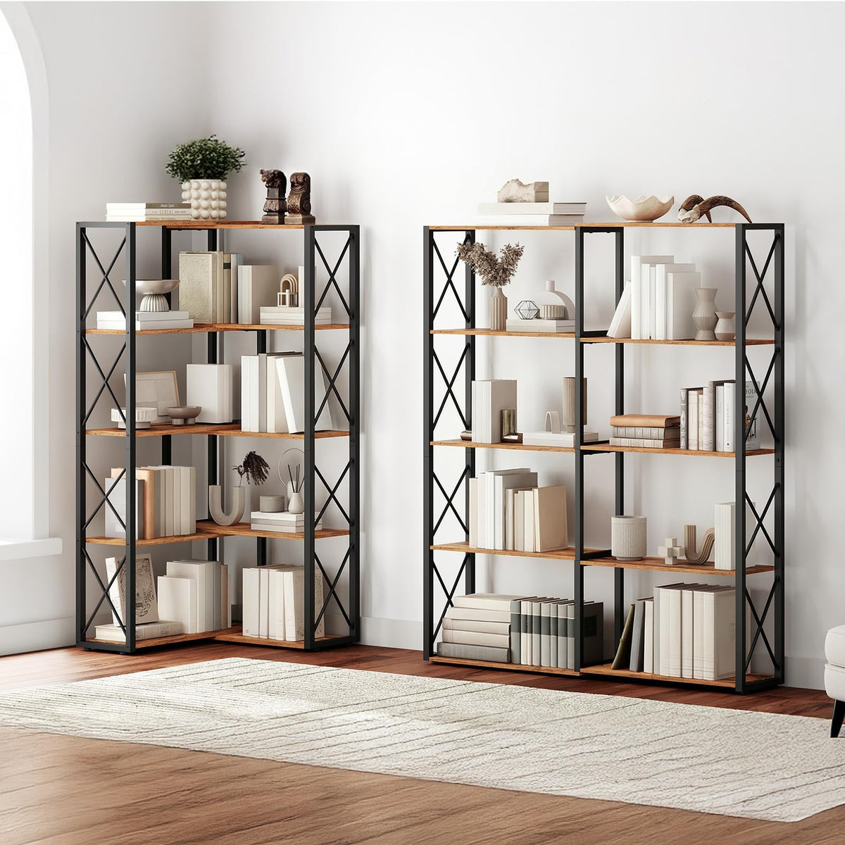 5-Tier Rustic Brown and Black Corner Bookshelf U31025