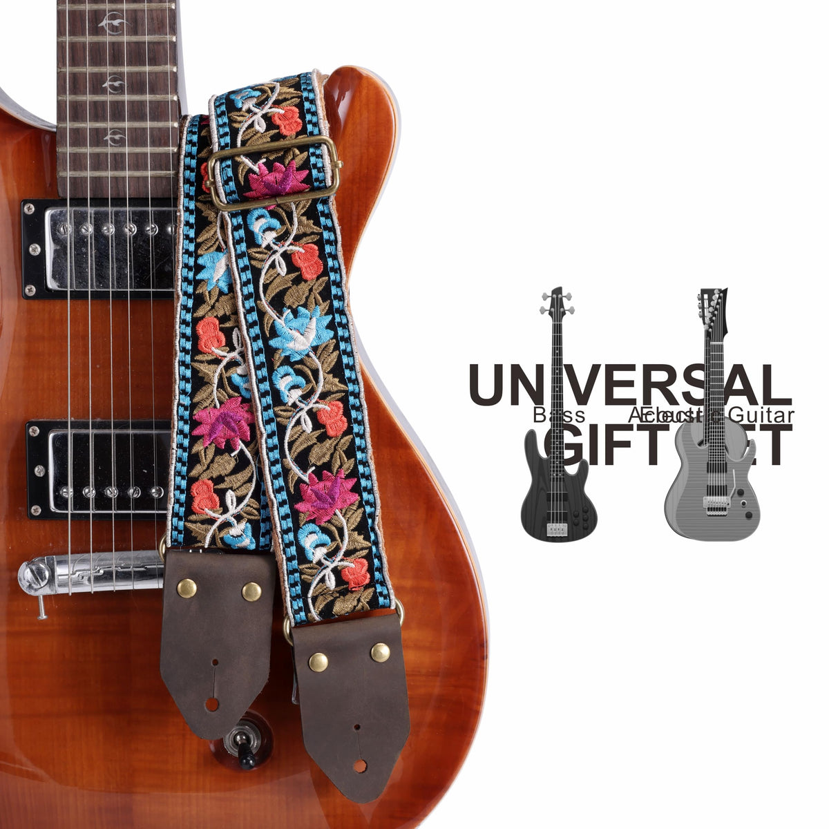Jacquard Embroidery Cotton Guitar Strap with Leather Ends F803