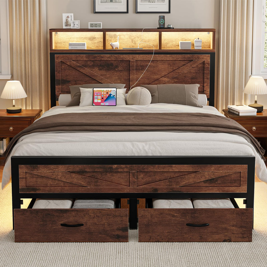 King Size Bed Frame with Storage Drawers and Charging Station I5686