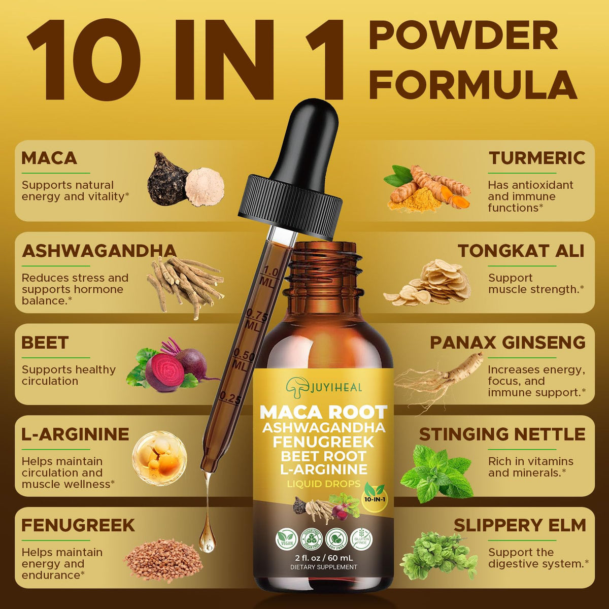 Maca Root Liquid Drops with Ashwagandha, Nettle, Fenugreek, Beet Root, and L-Arginine - 2 fl oz H201647