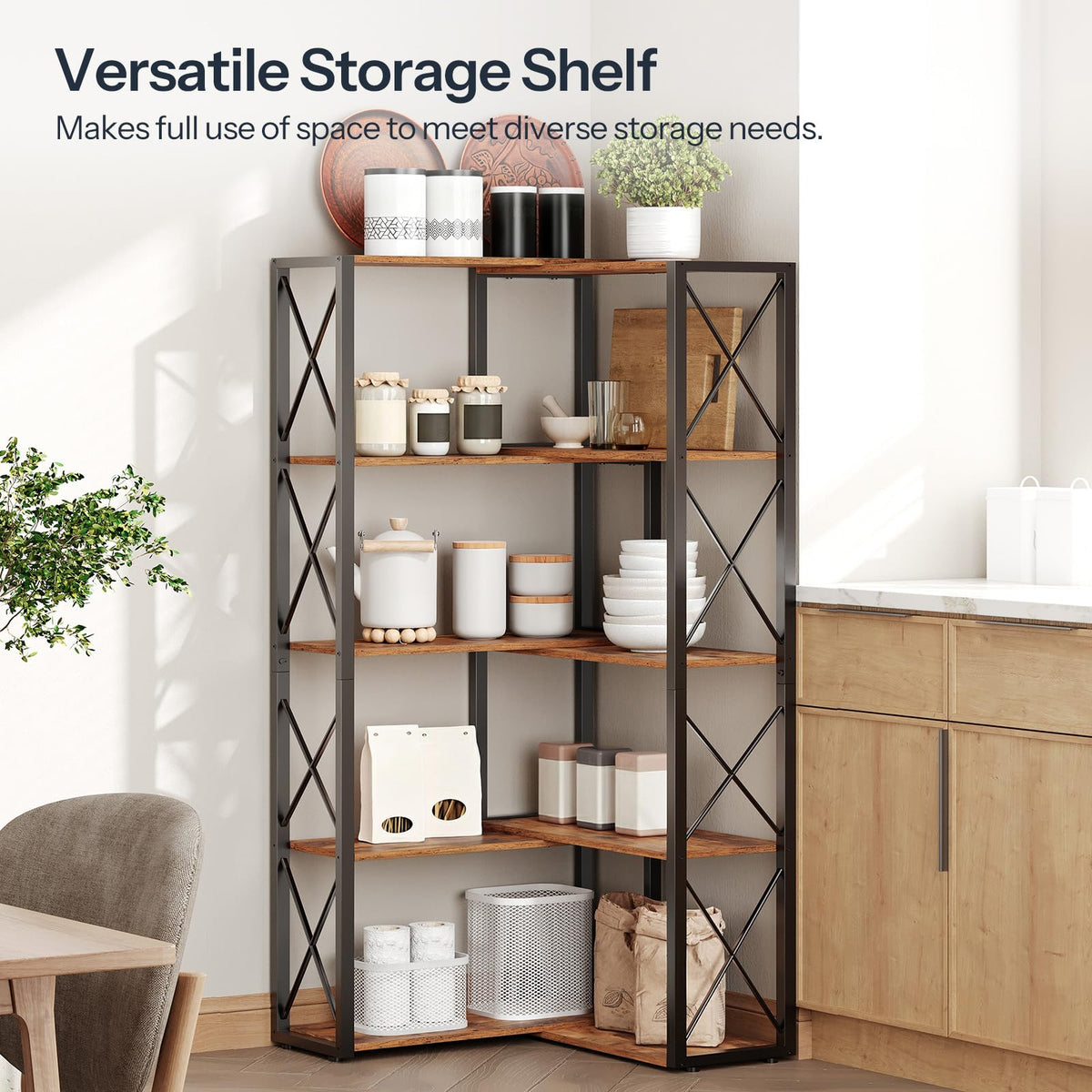 5-Tier Rustic Brown and Black Corner Bookshelf U31025