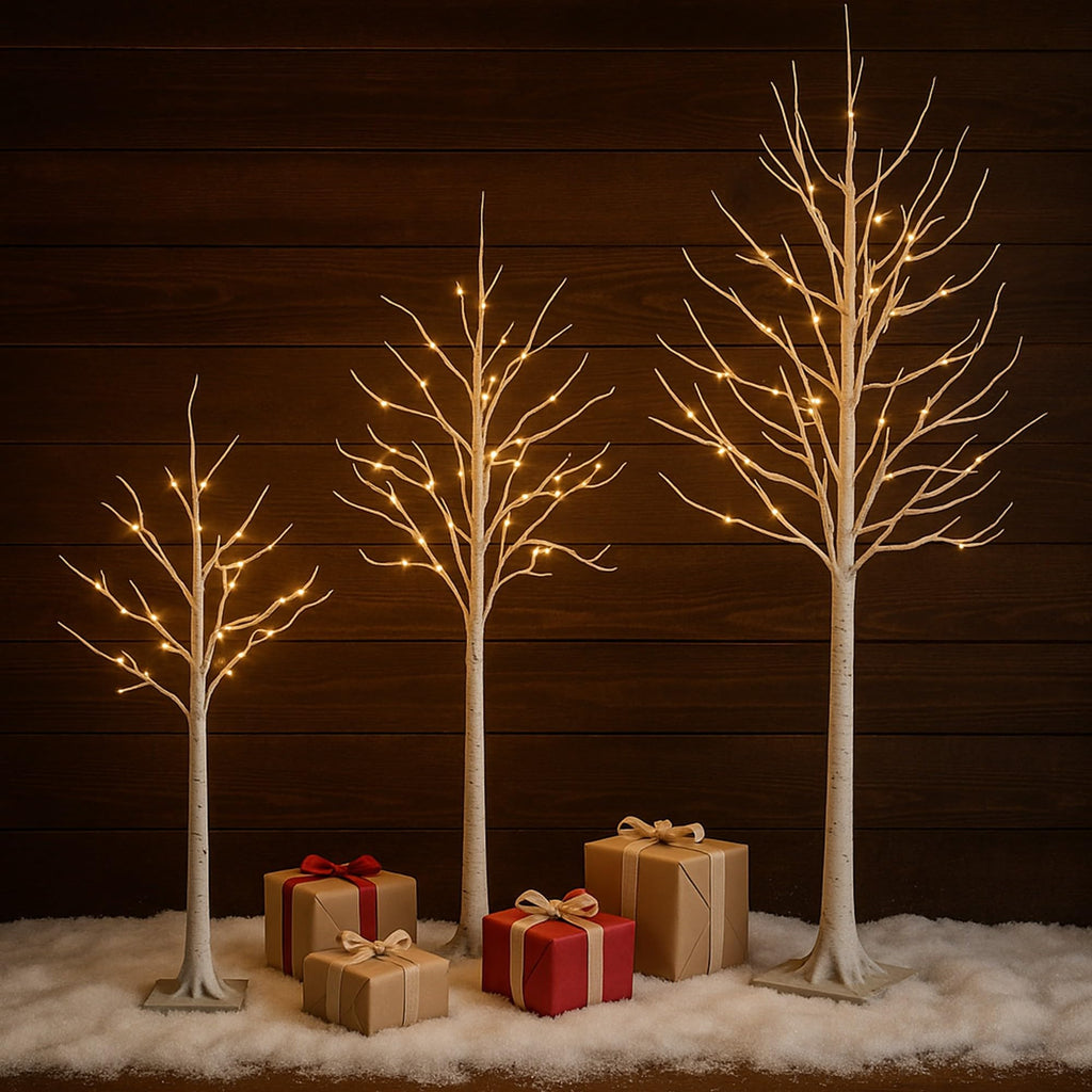 Pre-Lit Artificial White Birch Trees with LED Lights Set of 3 O18150