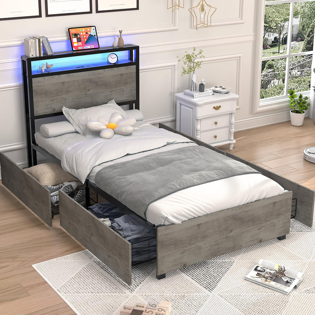 Twin Size Bed Frame with 4 Storage Drawers F71831