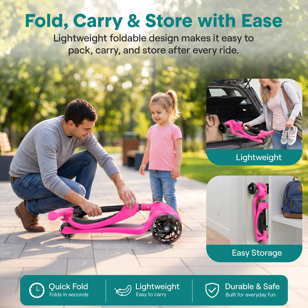 3 Wheel Scooter for Toddlers & Kids, Foldable Seat, LED Wheels, Adjustable Handlebar, Anti-Slip Deck, Rear Foot Brake, Lean-to-Steer, Pink Y977