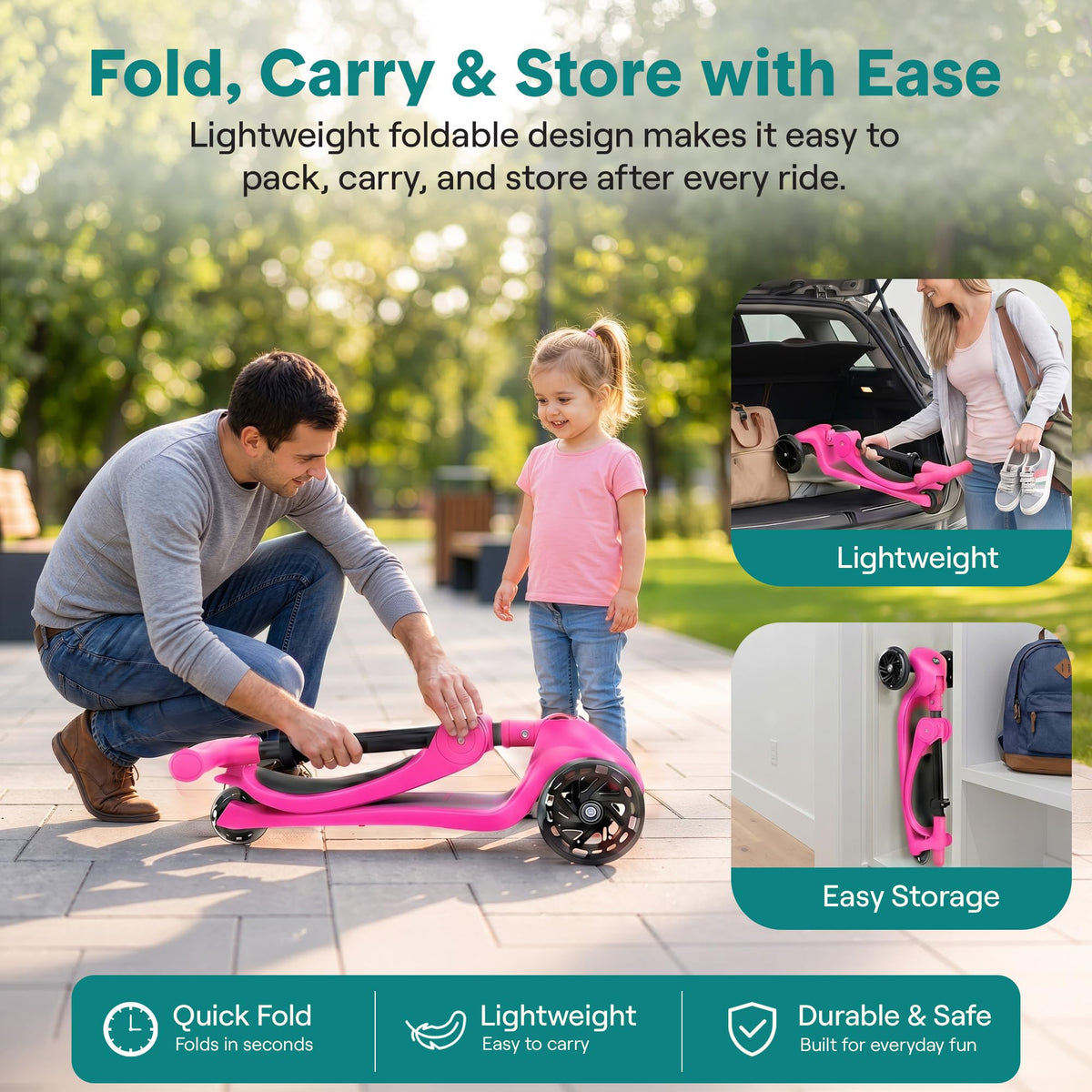 3 Wheel Scooter for Toddlers & Kids, Foldable Seat, LED Wheels, Adjustable Handlebar, Anti-Slip Deck, Rear Foot Brake, Lean-to-Steer, Pink Y977