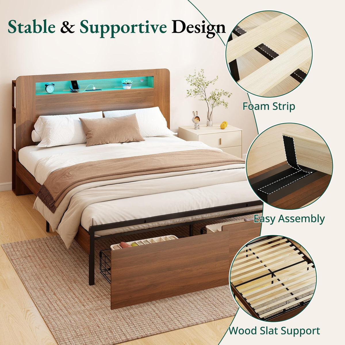 Wood Bed Frame Full with 2 Storage Drawers W4186