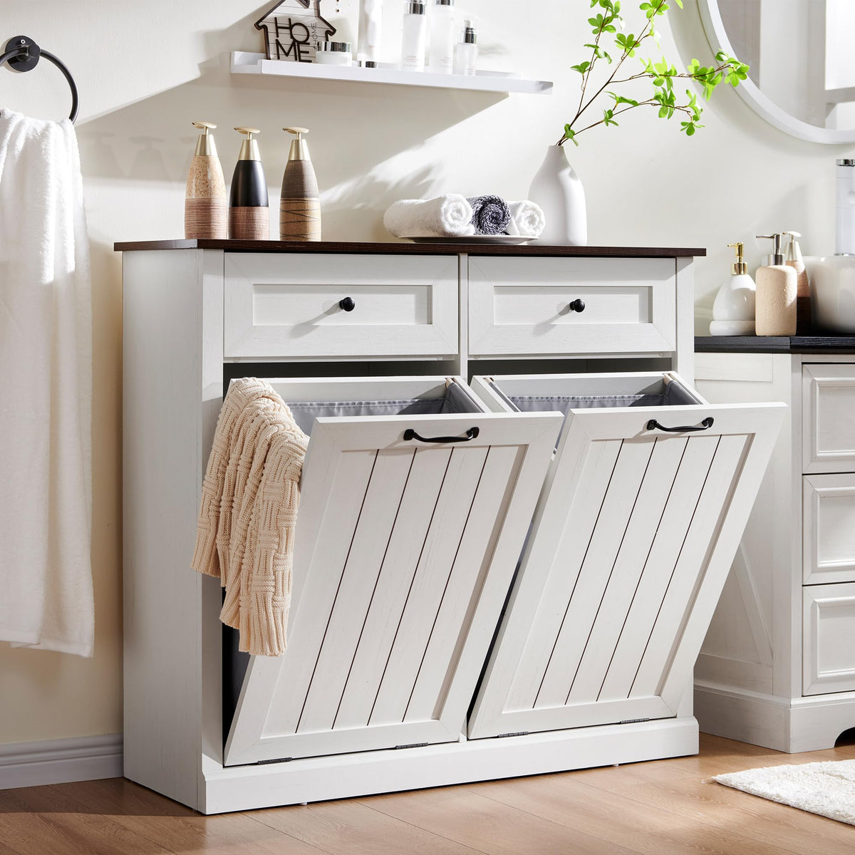 Double Tilt Out Laundry Hamper Cabinet Antique White I7477