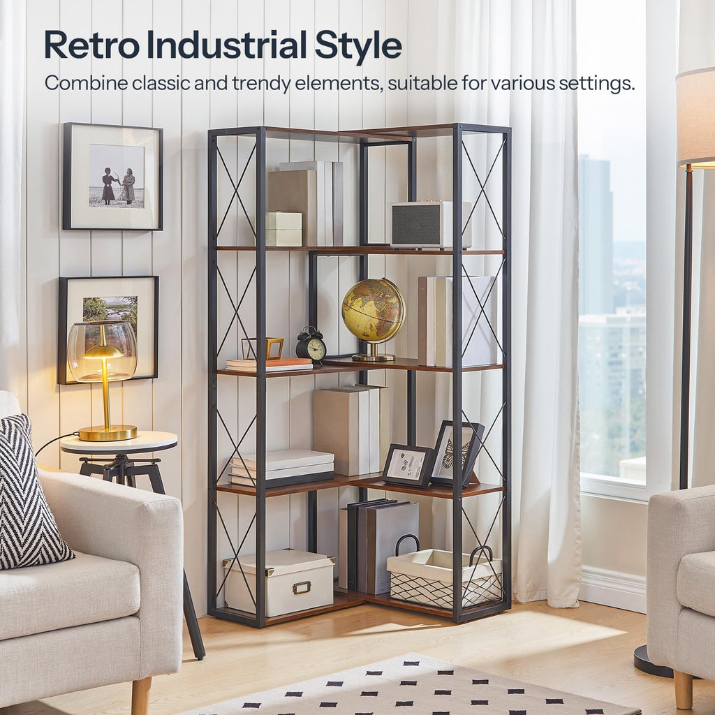 5-Tier Rustic Brown and Black Corner Bookshelf U31025