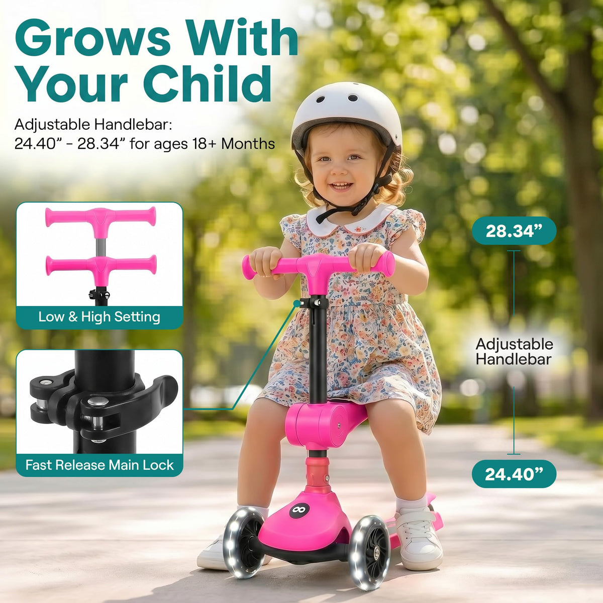 3 Wheel Scooter for Toddlers & Kids, Foldable Seat, LED Wheels, Adjustable Handlebar, Anti-Slip Deck, Rear Foot Brake, Lean-to-Steer, Pink Y977