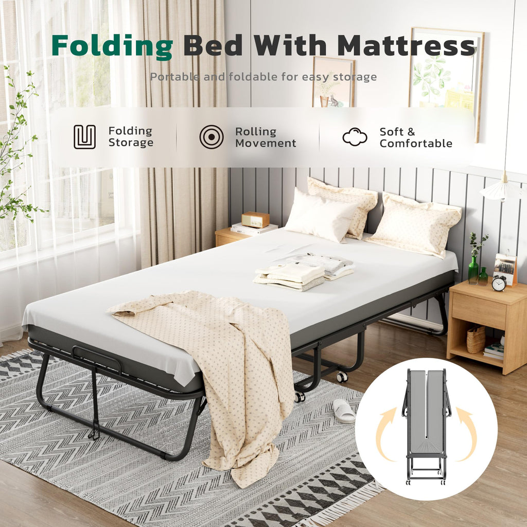 Folding Bed with Mattress Metal Frame Cot Size Q295