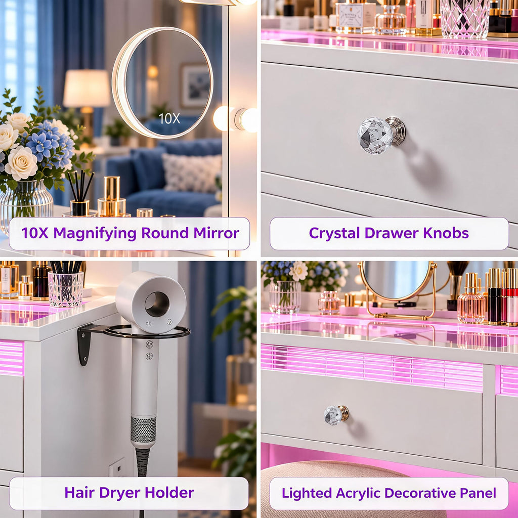 White Vanity with Lighted Mirror and Glass Top N28115