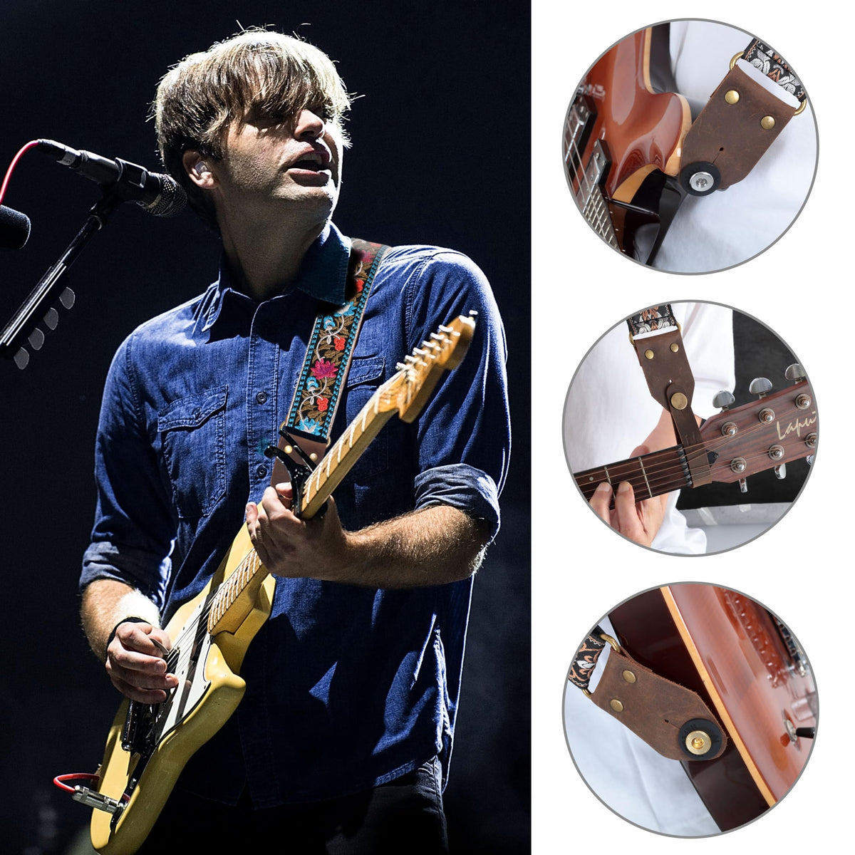 Jacquard Embroidery Cotton Guitar Strap with Leather Ends F803