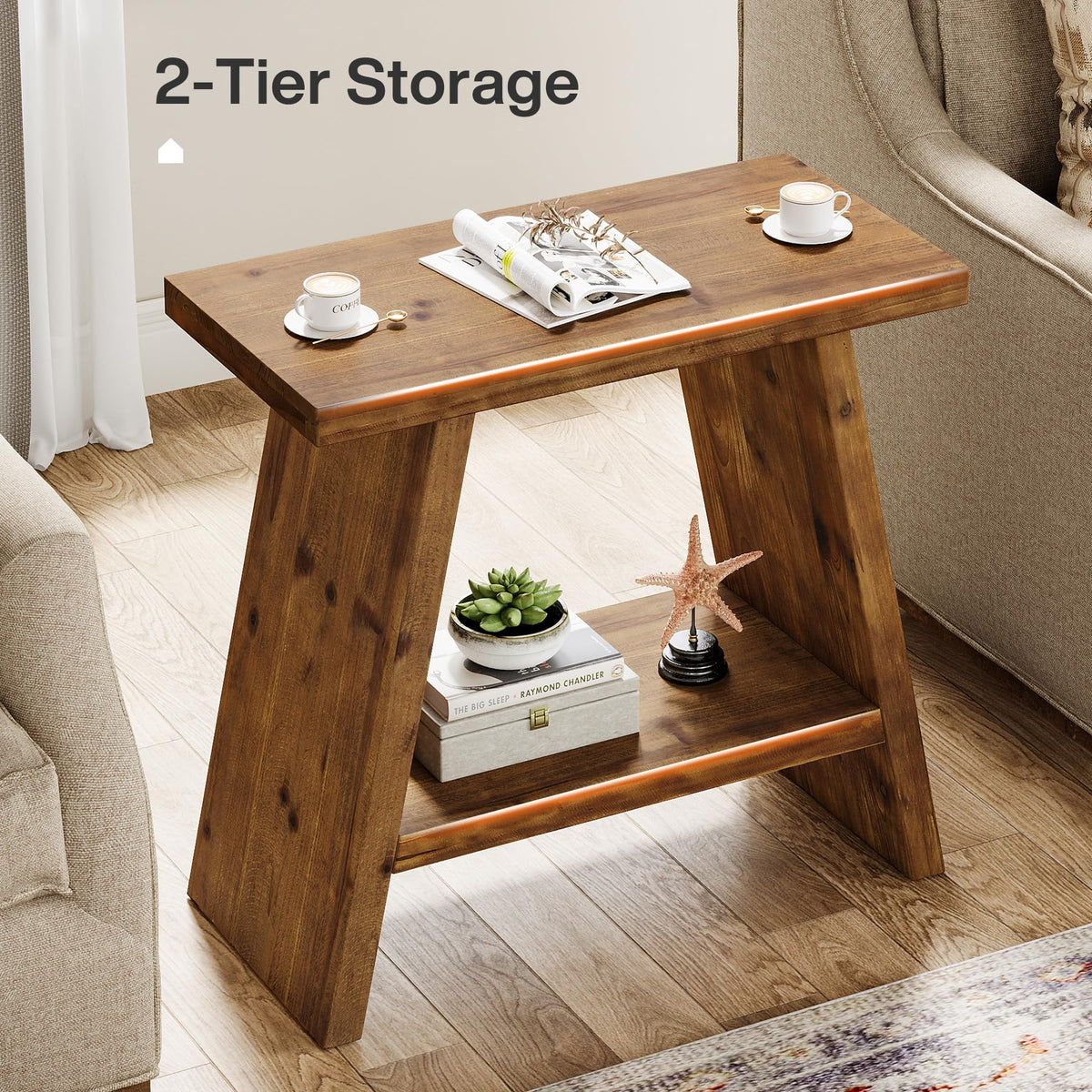 Solid Wood 2-Tier Narrow End Table L15926