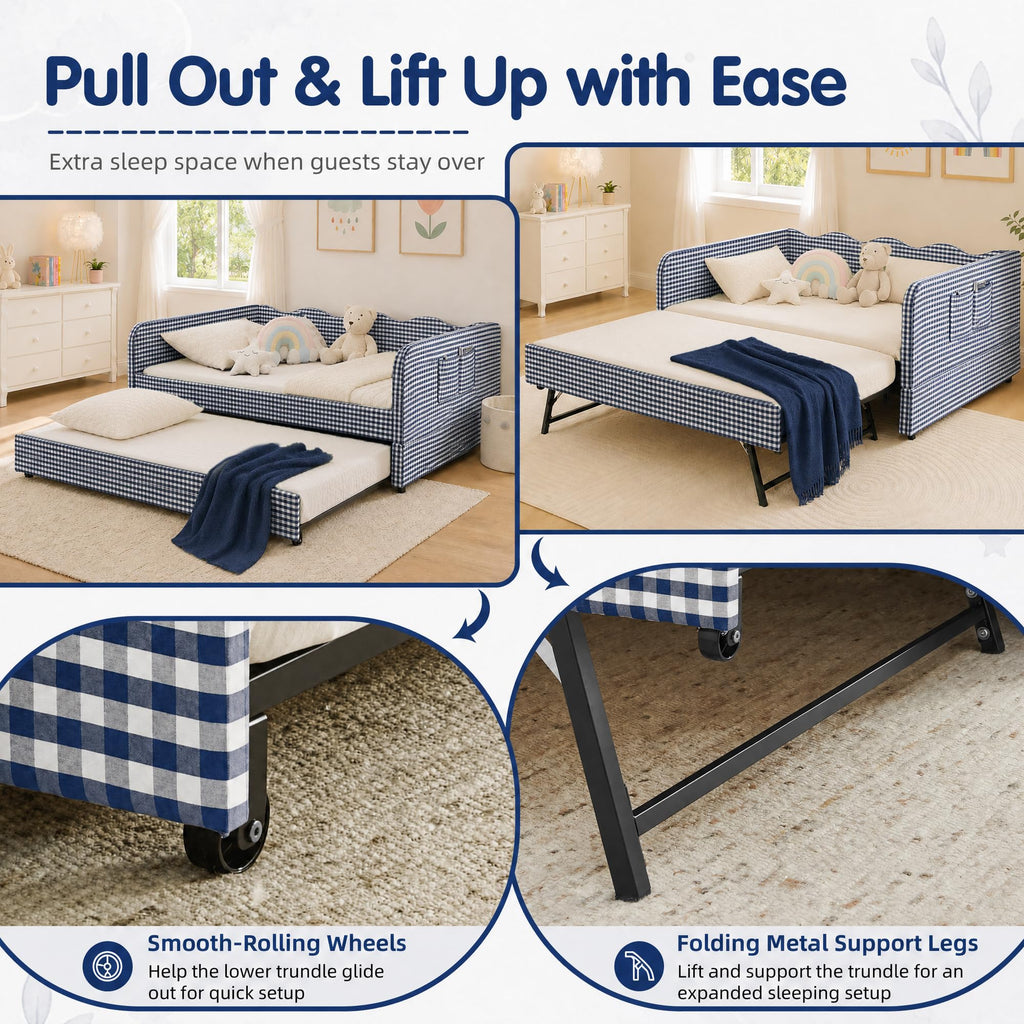 Blue Gingham Twin Daybed with Pop Up Trundle L189