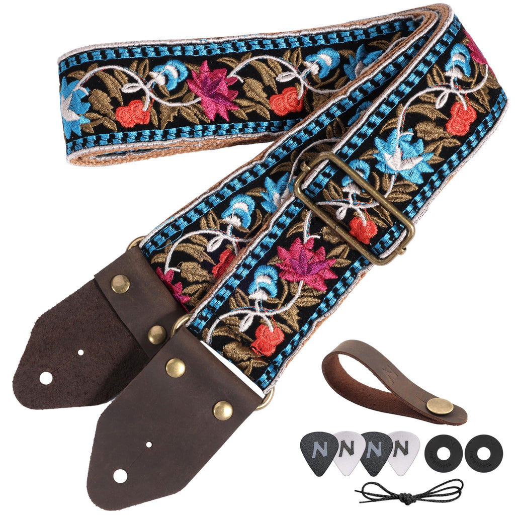 Jacquard Embroidery Cotton Guitar Strap with Leather Ends F803