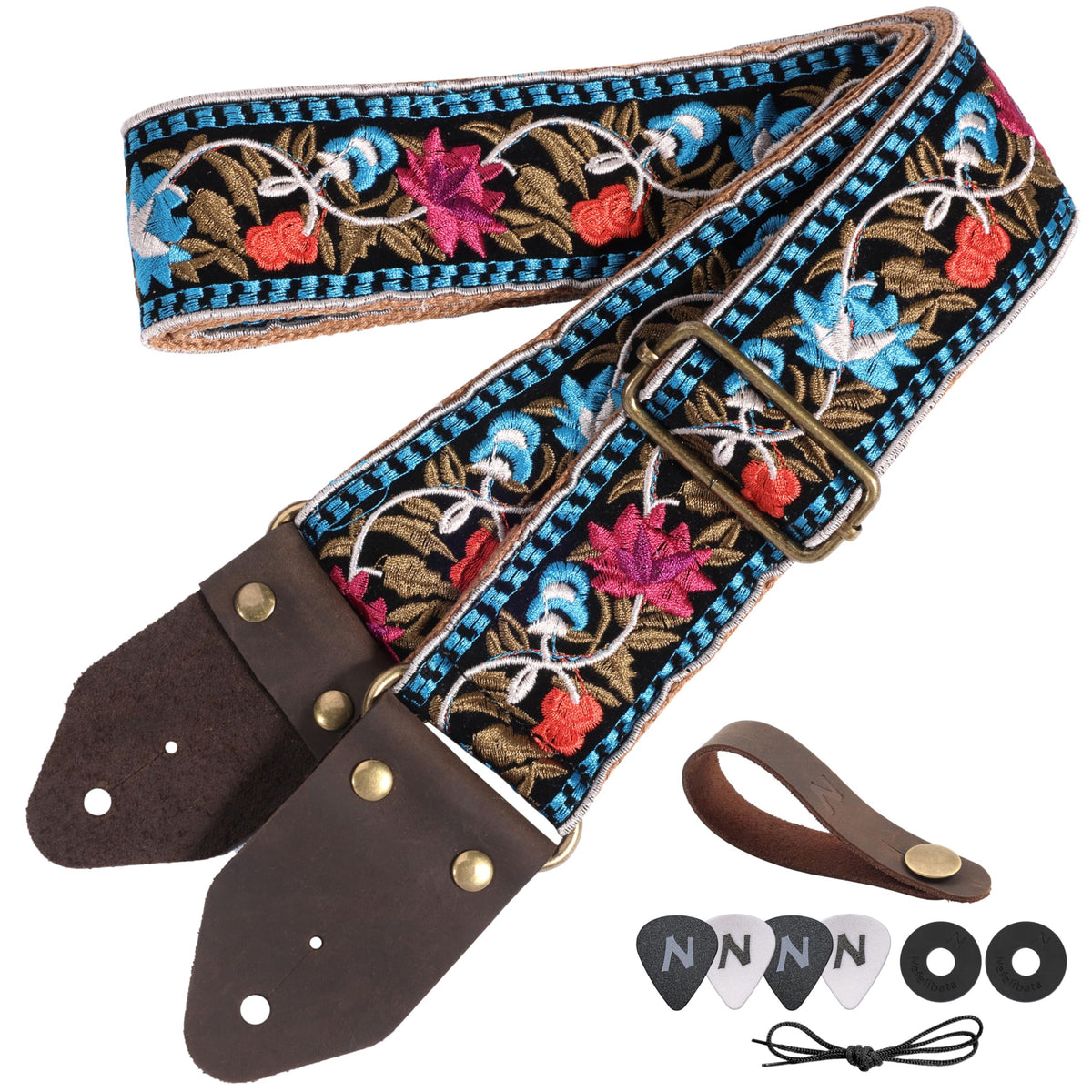 Jacquard Embroidery Cotton Guitar Strap with Leather Ends F803
