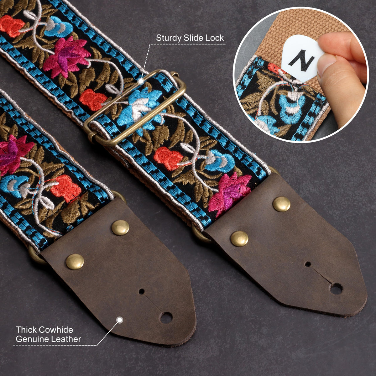 Jacquard Embroidery Cotton Guitar Strap with Leather Ends F803