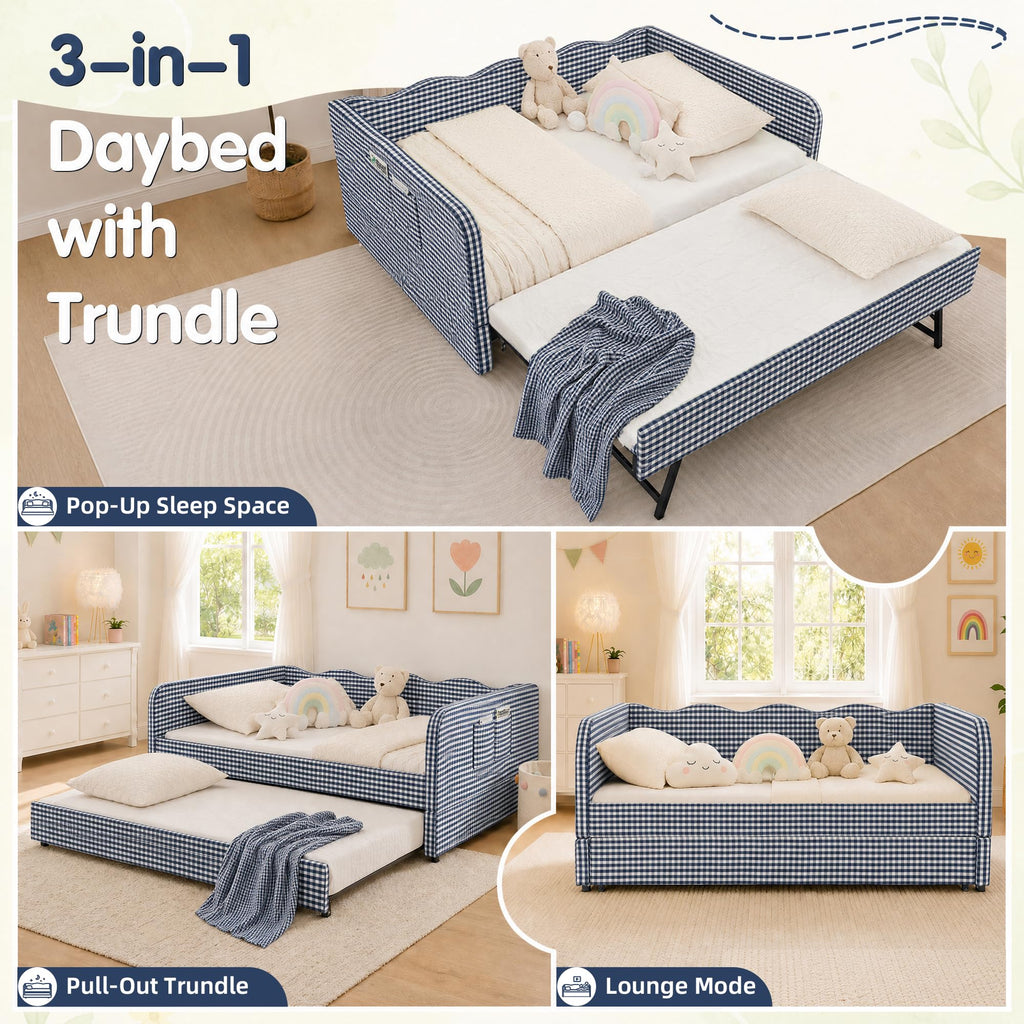 Blue Gingham Twin Daybed with Pop Up Trundle L189