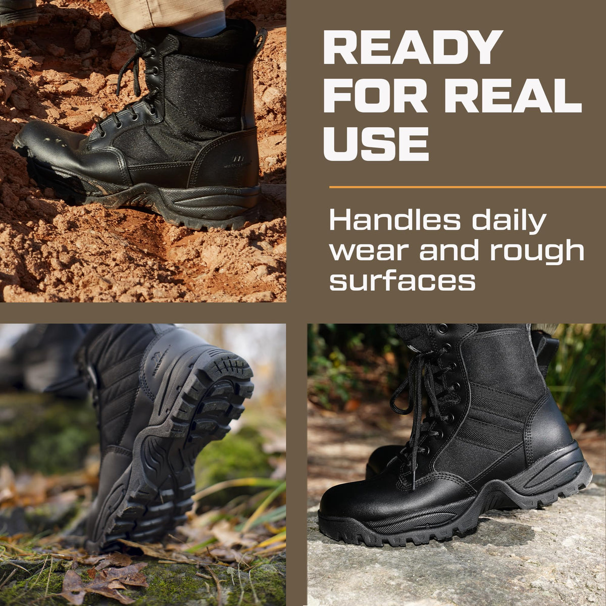 Men's Lightweight Leather Tactical Work Boots with Side Zipper C67397