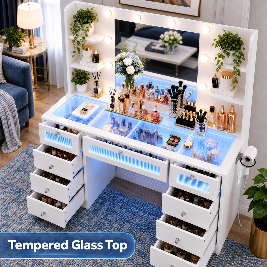White Vanity with Lighted Mirror and Glass Top N28115