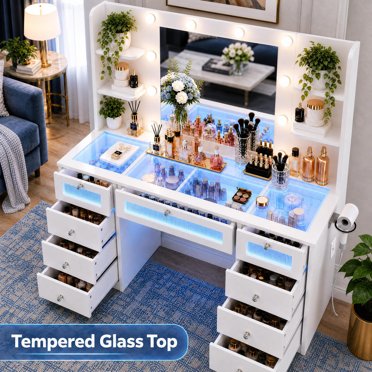White Vanity with Lighted Mirror and Glass Top N28115