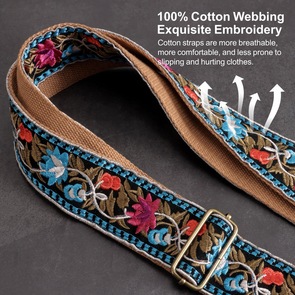 Jacquard Embroidery Cotton Guitar Strap with Leather Ends F803