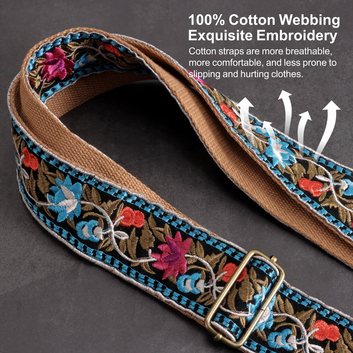 Jacquard Embroidery Cotton Guitar Strap with Leather Ends F803