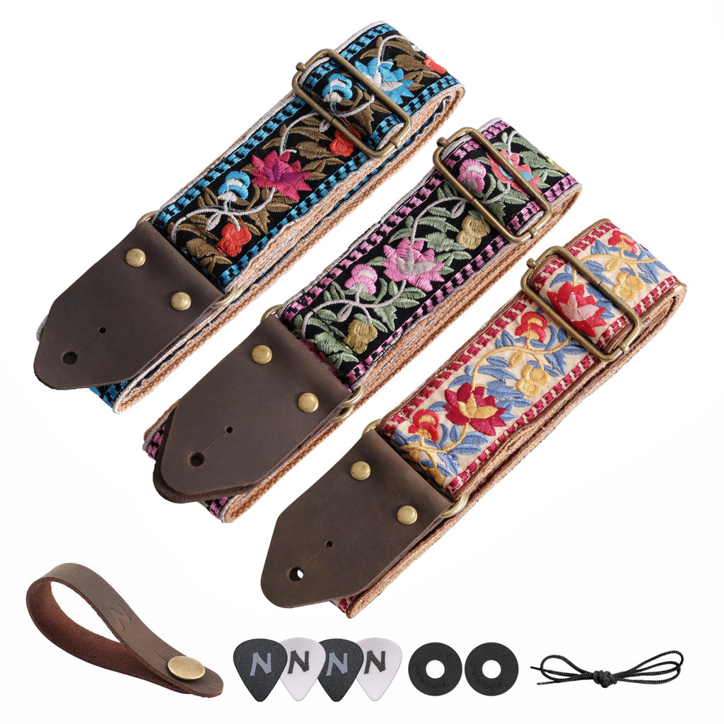 Jacquard Embroidery Cotton Guitar Strap with Leather Ends F803