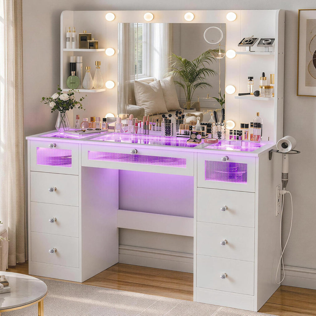 White Vanity with Lighted Mirror and Glass Top N28115