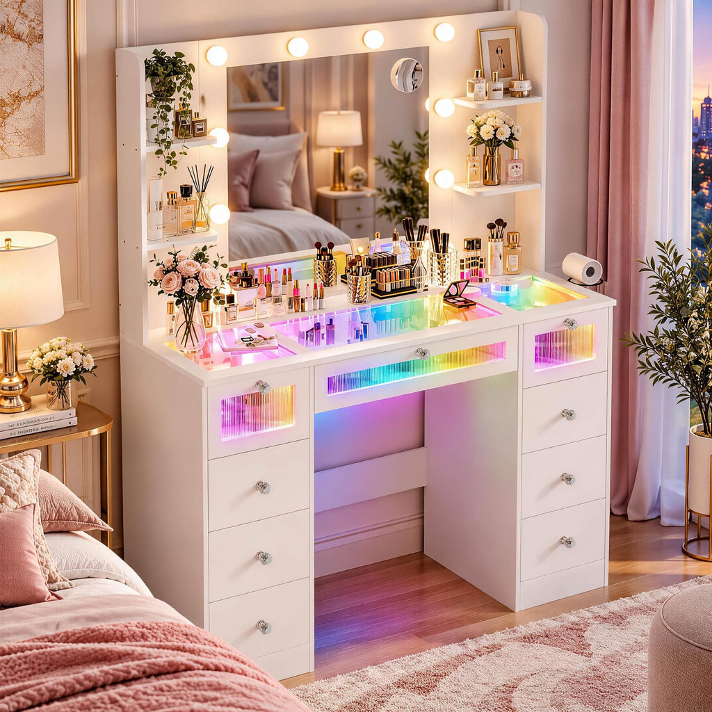 White Vanity with Lighted Mirror and Glass Top N28115